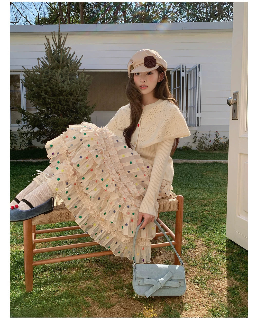 “Starlight Tulle Reverie” Apricot Polka Dot Mesh Skirt