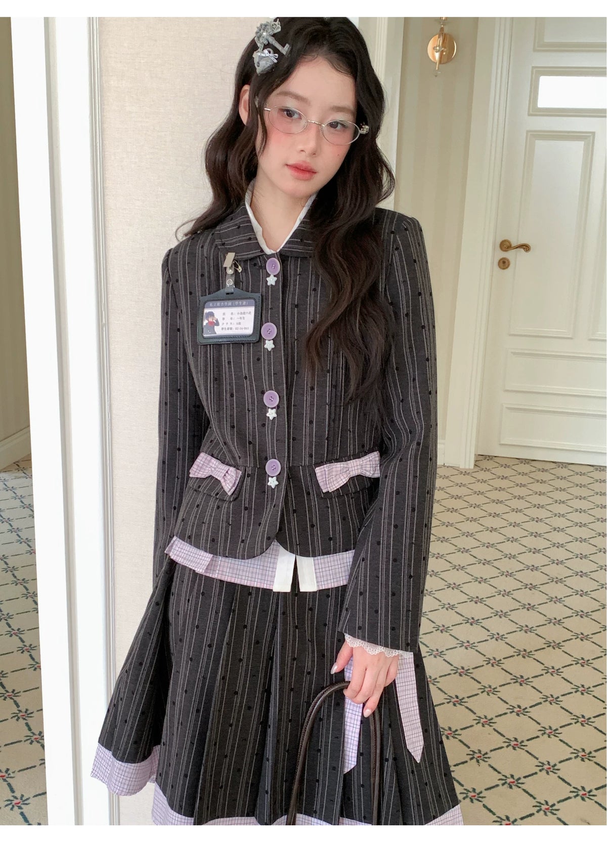 [[RF] “Ink Plaid Prelude” Gray-Purple Plaid Striped Pleated Skirt Two-Piece Set