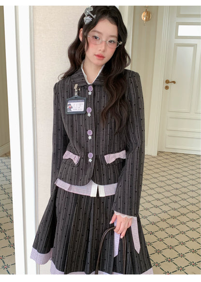 [[RF] “Ink Plaid Prelude” Gray-Purple Plaid Striped Pleated Skirt Two-Piece Set