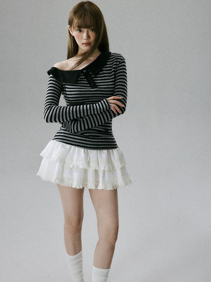 LOST FOREST - Striped Asymmetrical Lyocell-Wool Layering Top