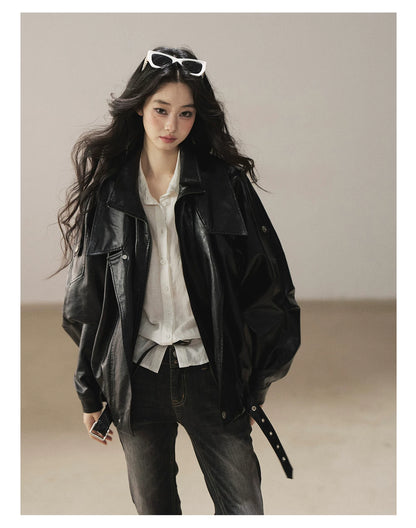 AOMALM - "Solo Journey" Quiet Black Oversized PU Moto Jacket