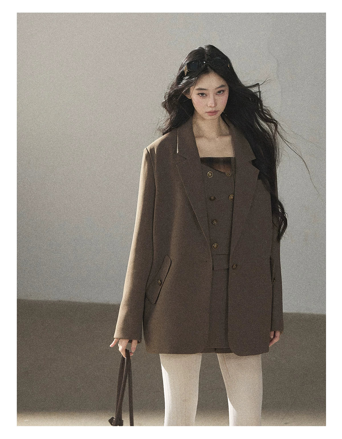 AOMALM - “Evening Breeze in the Valley” Chestnut Brown Blazer, Cami & Pleated Skort Set