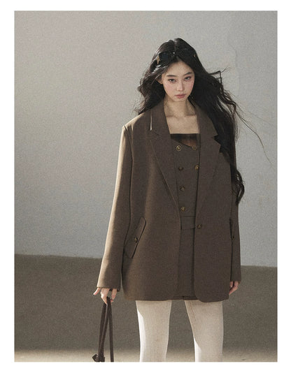 AOMALM - “Evening Breeze in the Valley” Chestnut Brown Blazer, Cami & Pleated Skort Set