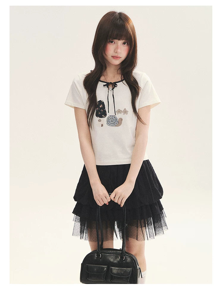 "Black & White Sonata" Polka Dot Mesh Tiered Jellyfish Skirt (White/ Black)