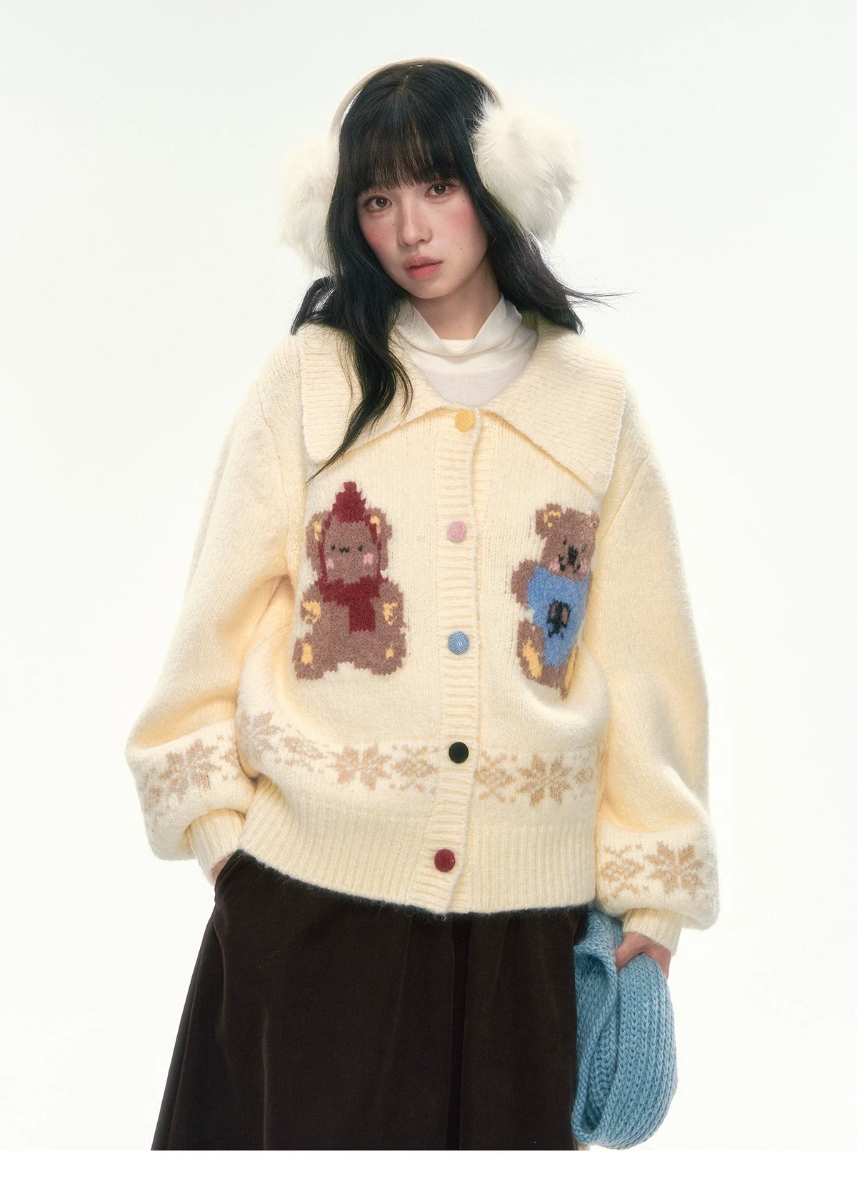 CAN - "Teddy’s Autumn Soirée" Cream White Teddy Bear Fair Isle Jacquard Cardigan
