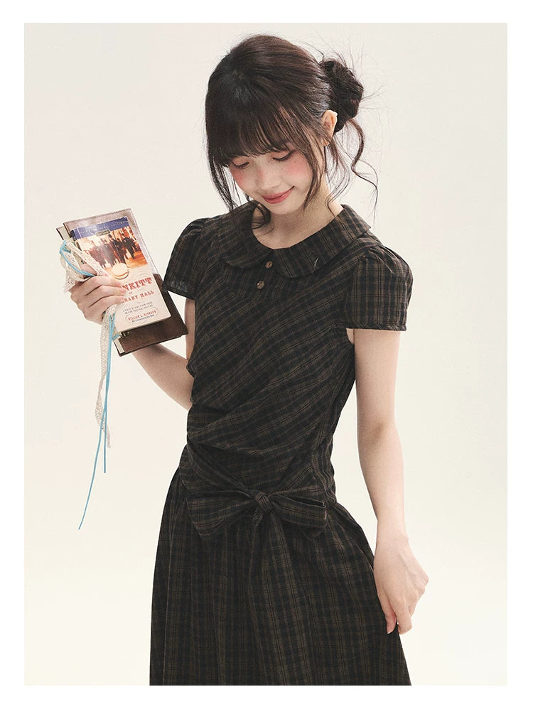 "Vintage Scholar" Black Brown Plaid Bow Tie Peter Pan Collar Maxi Dress