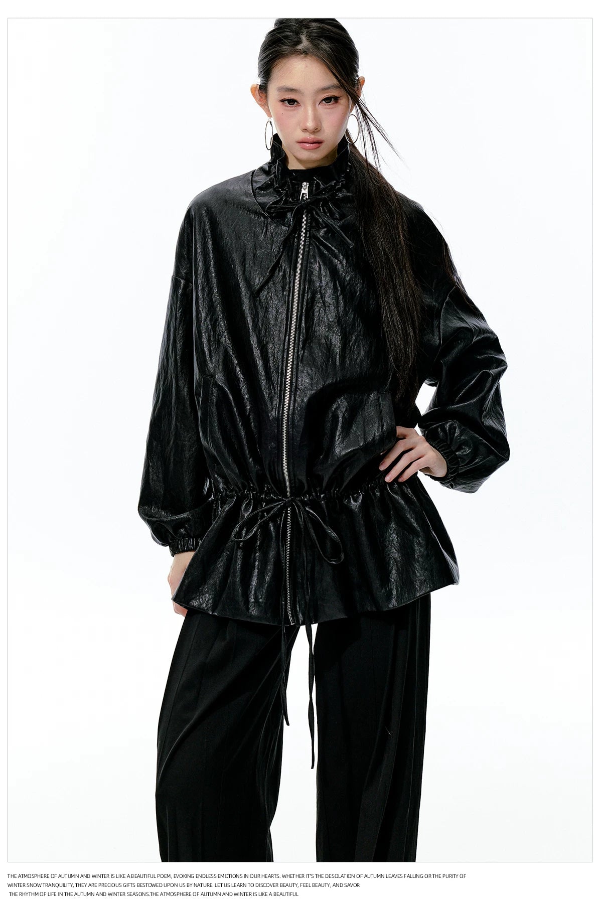 JN's DESIGN - Black Drawstring Faux Leather Jacket with Lace Back Detail