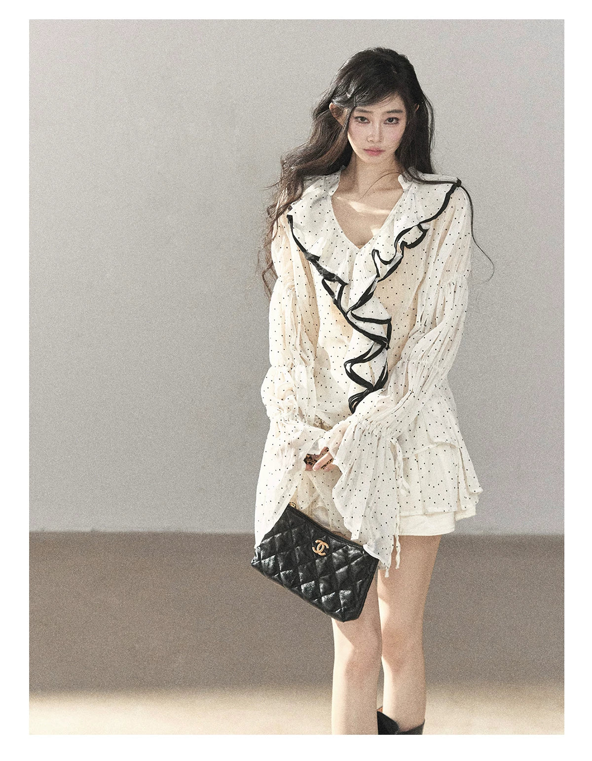 AOMALM - "Gossamer Moonlight" Pearl Shell Chiffon Top & Mini Skirt Set (With Tie & Flower)
