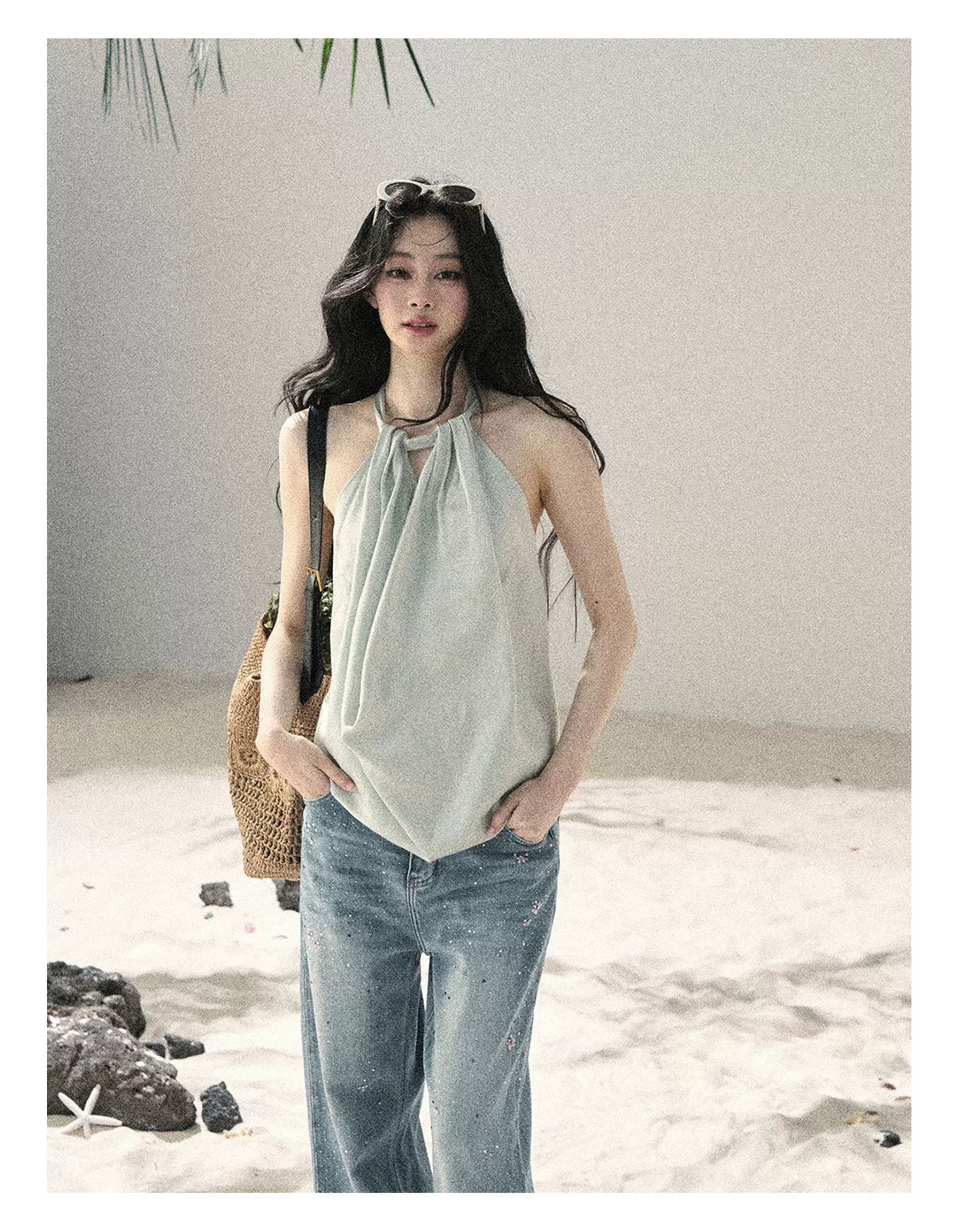 "Flowing Silk Reverie" Light Bean Green Halter Backless Top 536845