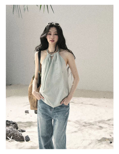 "Flowing Silk Reverie" Light Bean Green Halter Backless Top 536845