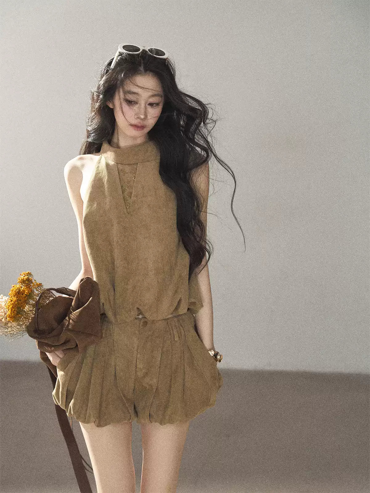 AOMALM - "The Veins of Leaves" Oatmeal French Faux Suede Top & Shorts Set