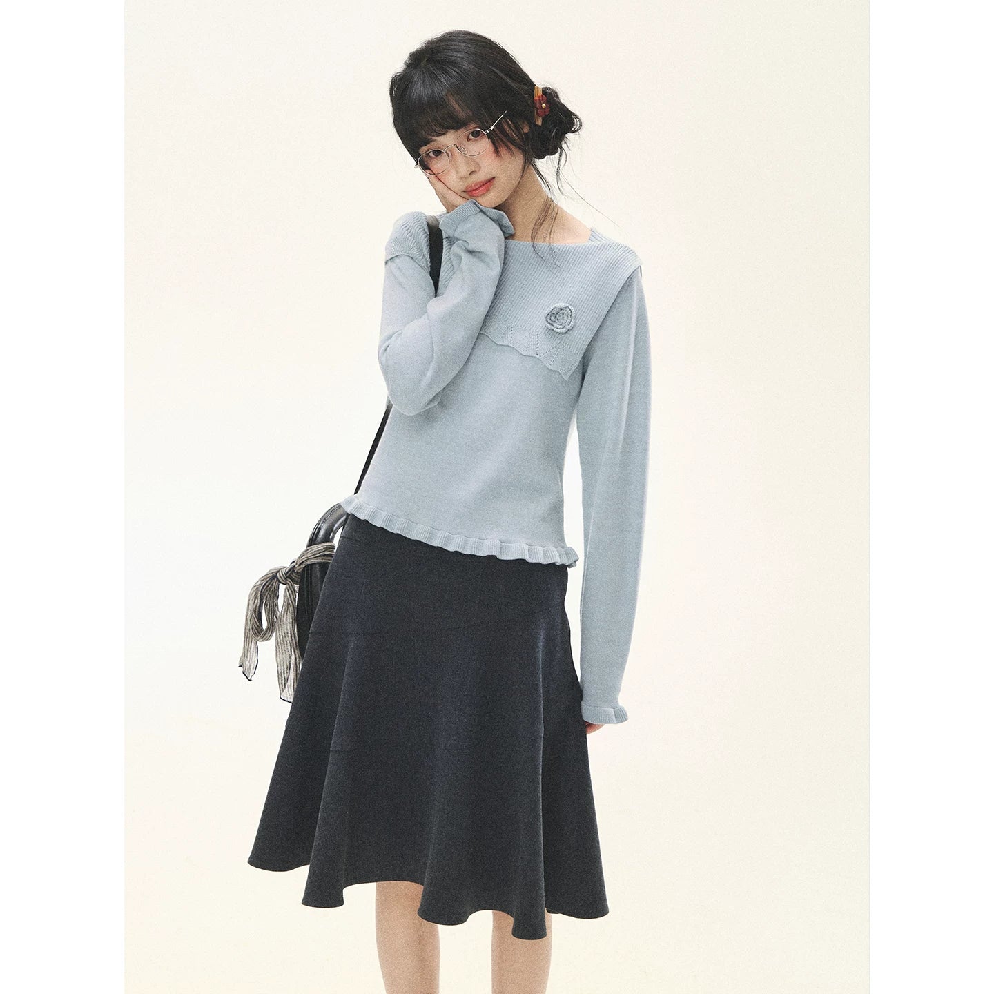 "Sea Salt Bloom" Sea Salt Blue Off-Shoulder Ruffle Knit Sweater