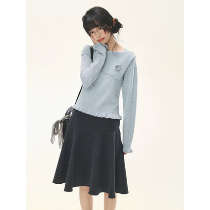 "Sea Salt Bloom" Sea Salt Blue Off-Shoulder Ruffle Knit Sweater