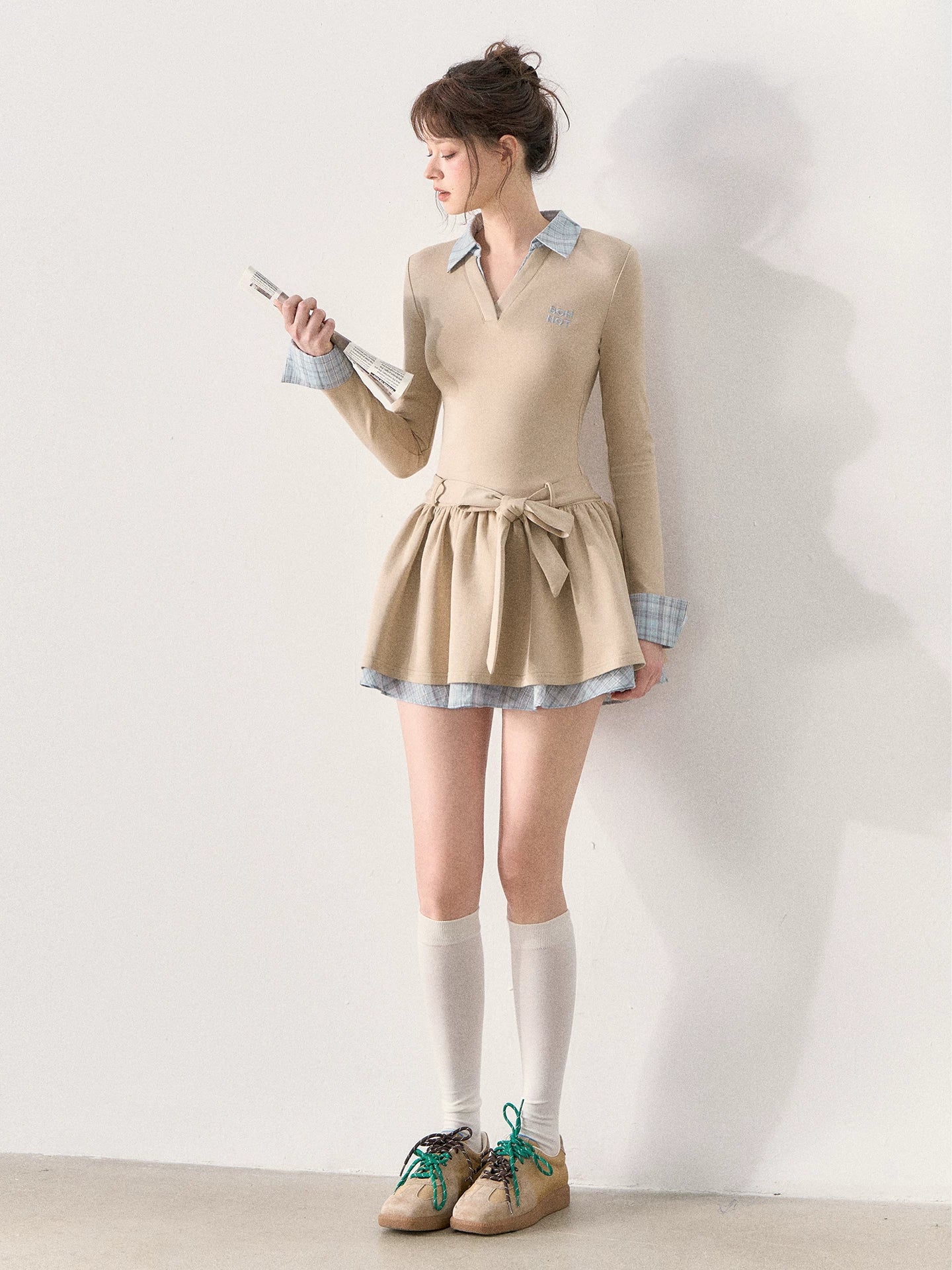 [TMMG] Miu-Inspired Preppy Knit Dress with Plaid Layered Detail & Bow Waist Belt