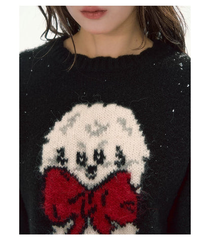 CANSTORE - "Bow Applause" Dark Gray Puppy Jacquard Knit Sweater