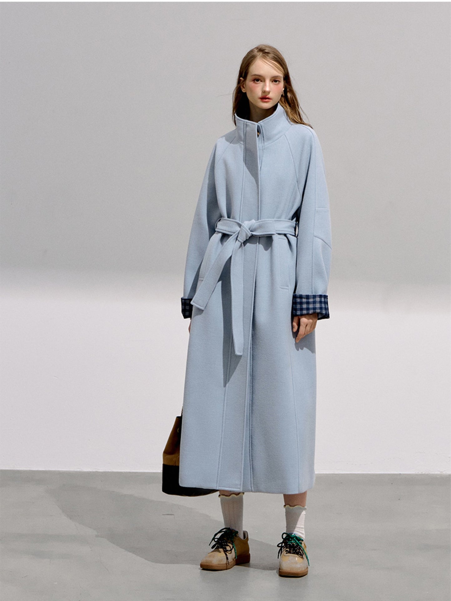 BOHOL BLING - Preppy Light Blue Plaid Wool Blend Long Coat