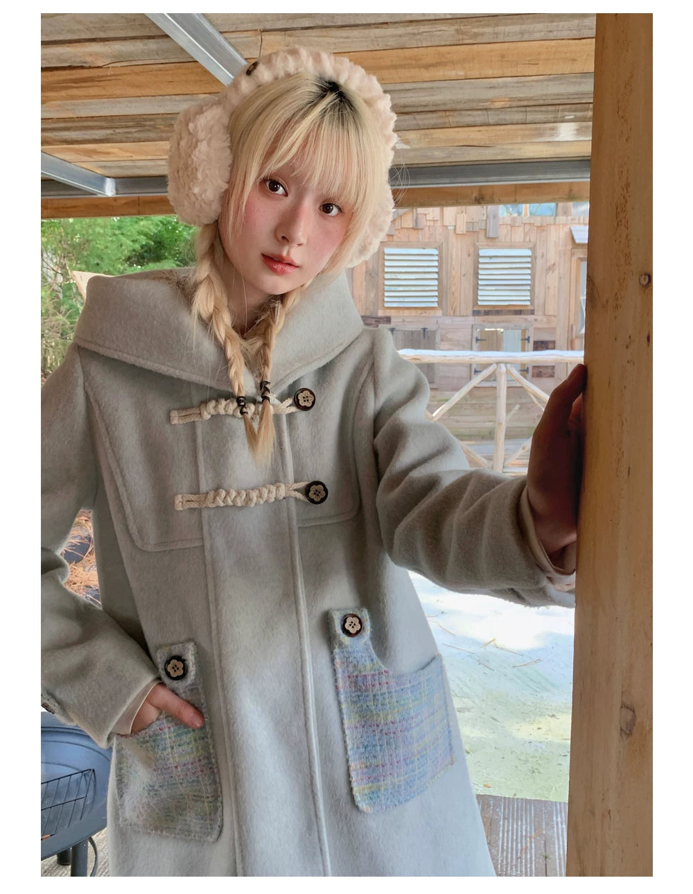 RF - Light Blue Plaid Mid-Length Wool-Blend Coat with Toggle Closures