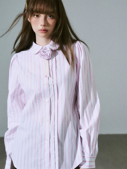 LOST FOREST - Flower Brooch Linen-Blend Shirt (Blue Stripe / Pink Stripe / Polka Dot)