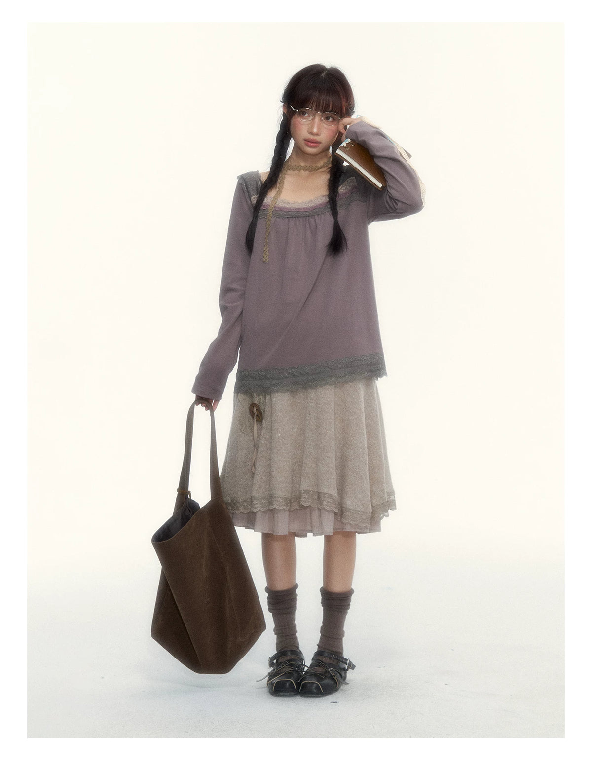 Milk Coffee Vintage Lace Knit A-Line Skirt