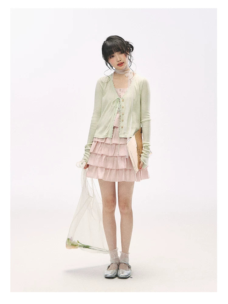 "Comfort Corner" Tie-Front Knit Cardigan (Melon Green/ Peacock Blue)