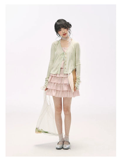 "Comfort Corner" Tie-Front Knit Cardigan (Melon Green/ Peacock Blue)