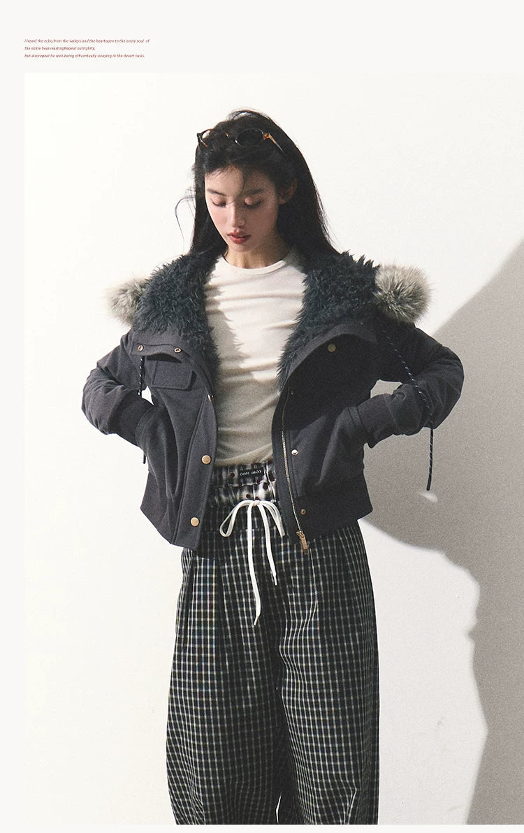 OAKMOO/ "Energy & Freedom" Mocha Gray Fur-Collar Cropped Hoodie Jacket