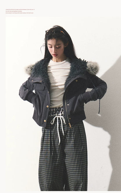 OAKMOO/ "Energy & Freedom" Mocha Gray Fur-Collar Cropped Hoodie Jacket