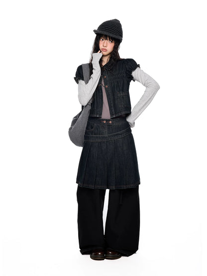 Vintage Peter Pan Collar Puff Sleeve Denim Set