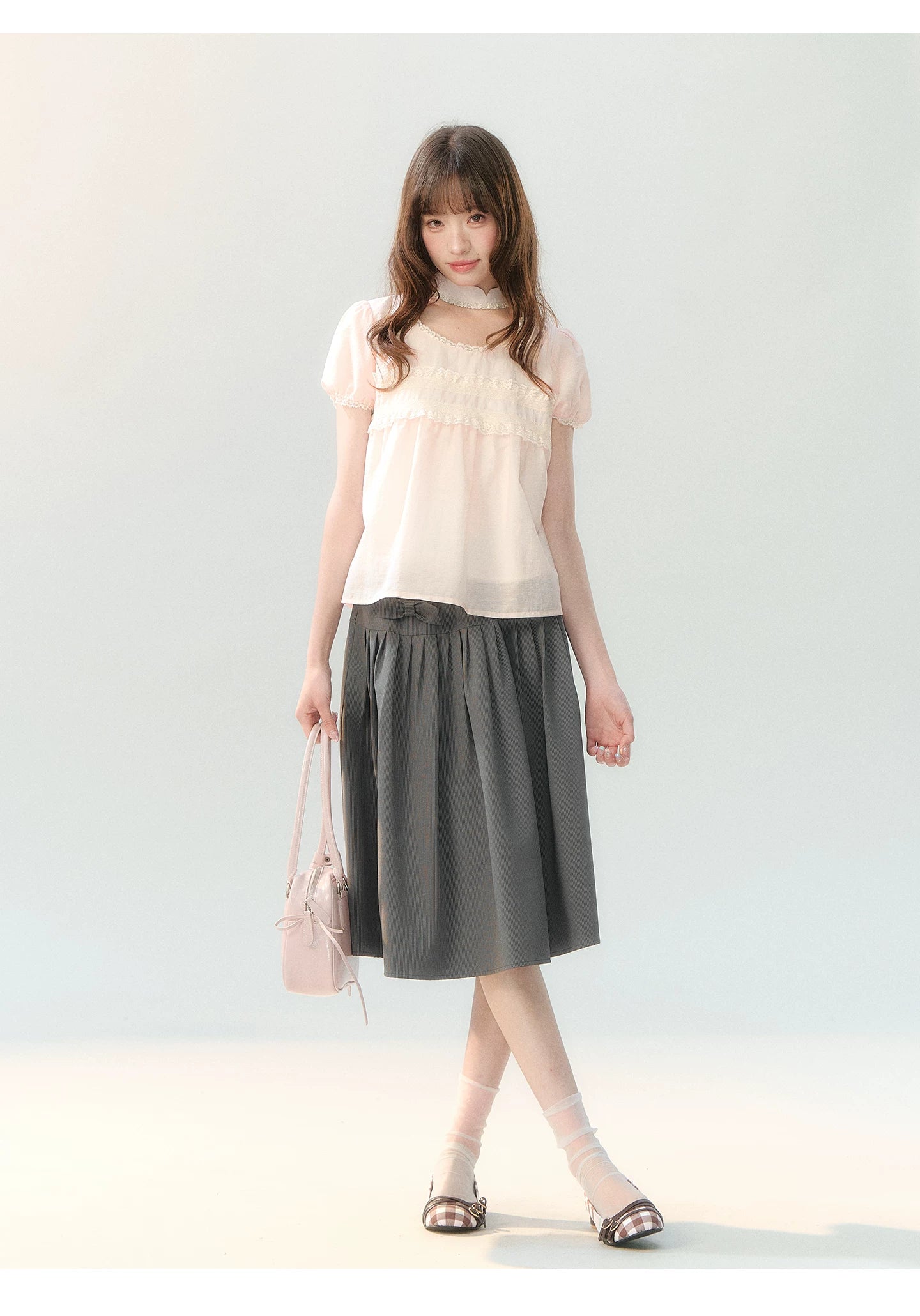 "Pink Mist Notes" Blush Pink Lace Puff Sleeve Blouse  LL2026217