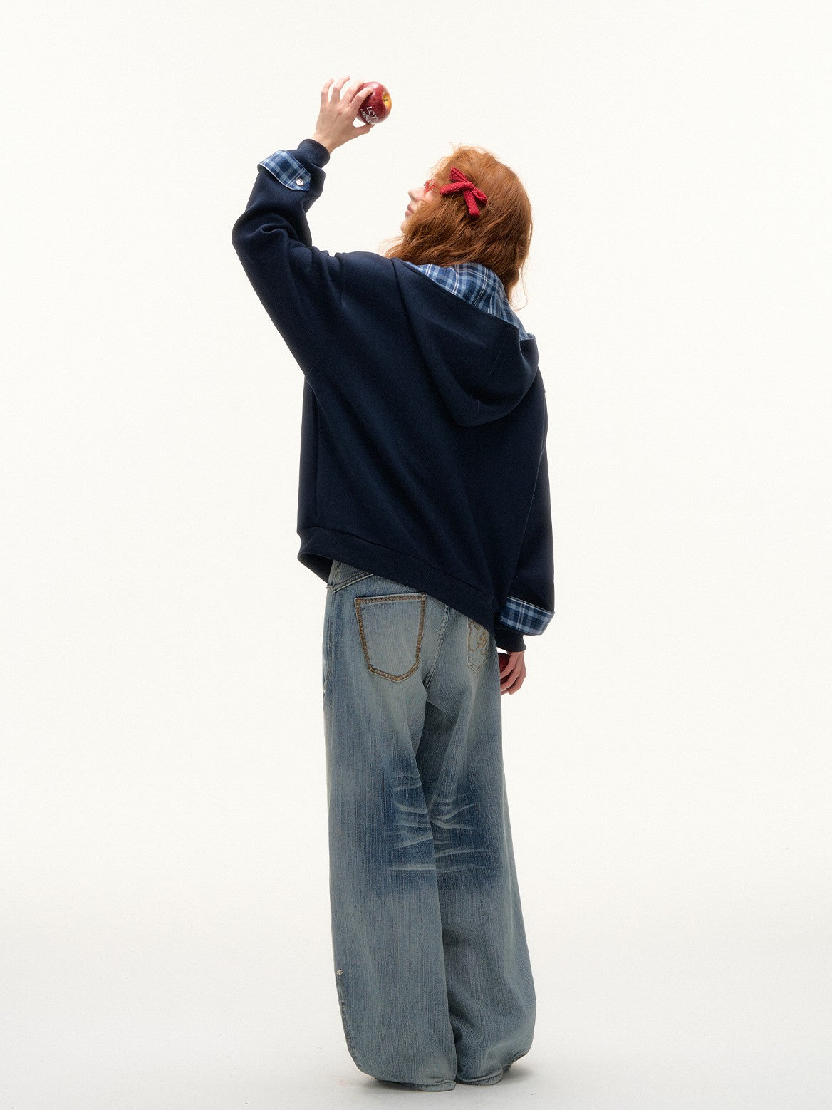 ASGONY - Plaid-Lined Oversized Hoodie Jacket (Navy)