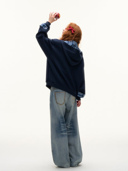 ASGONY - Plaid-Lined Oversized Hoodie Jacket (Navy)