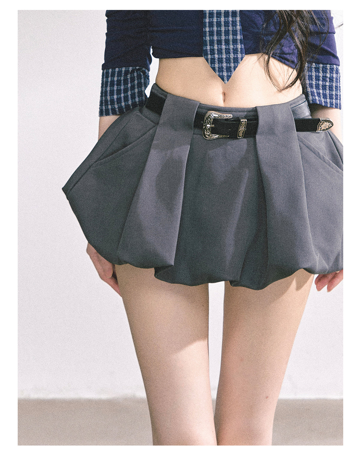 少也眼 “City Muse" High-Waist Tulip Mini Skirt - Gray 7520678