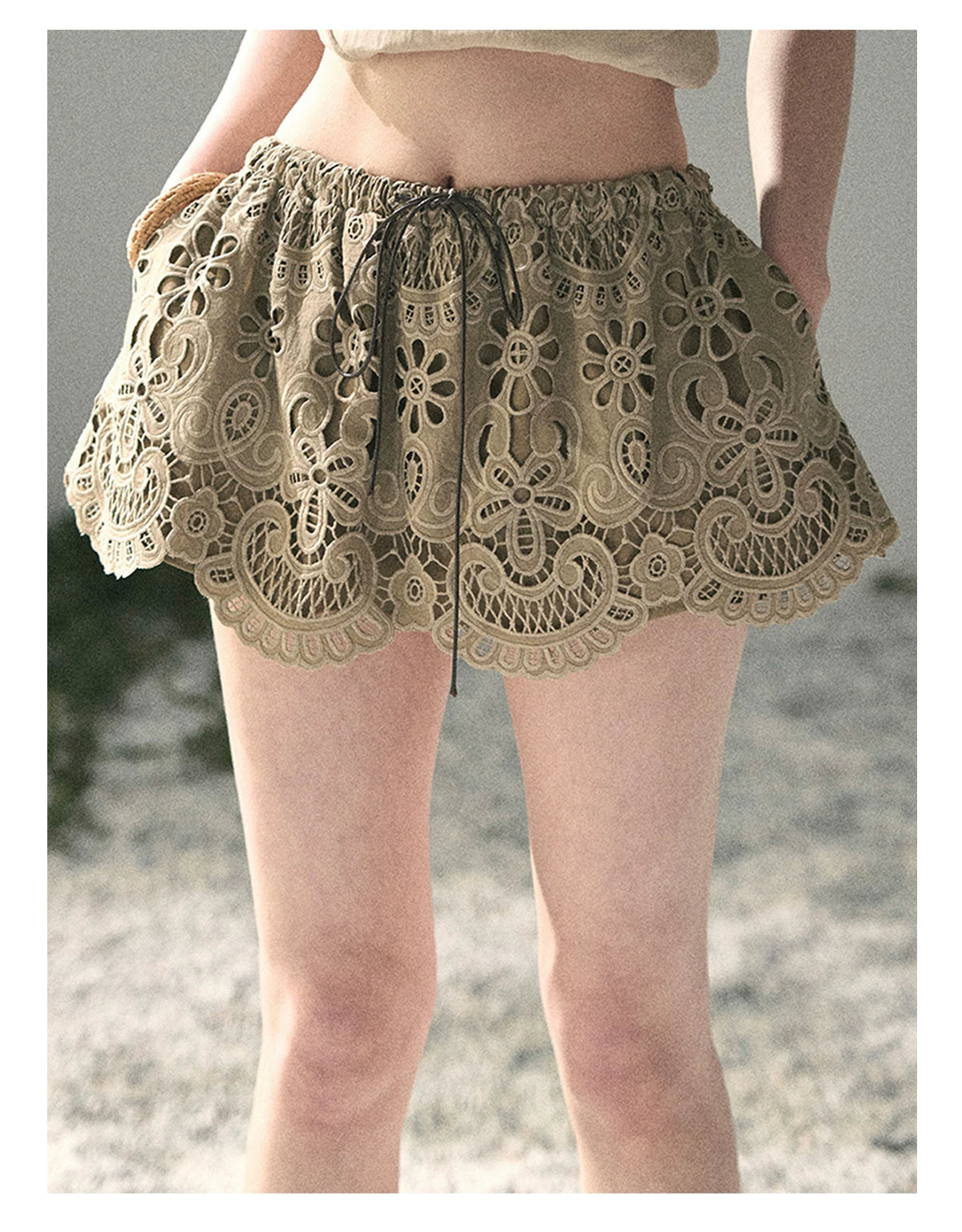 “Lost in Your Embrace” Roasted Pecan Lace Puff Skort