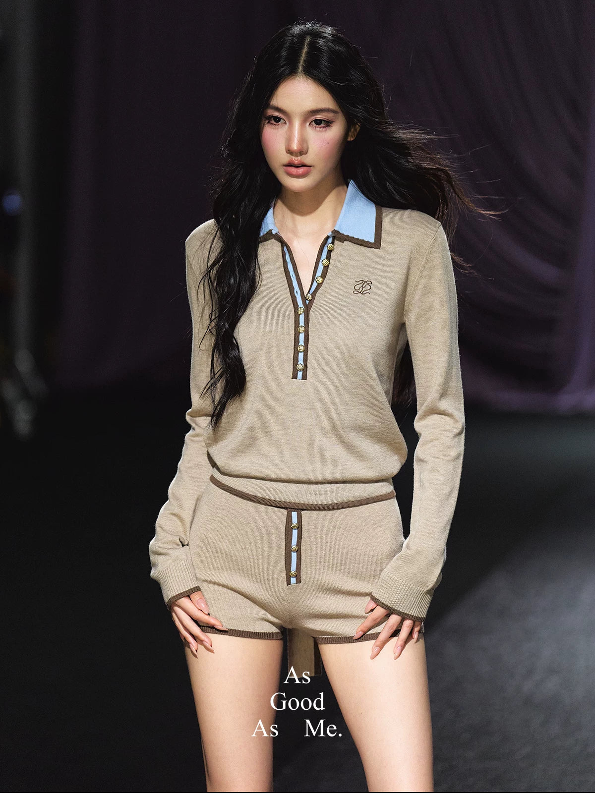 Contrast Gold Button Ribbon Polo Knit Top & Heart Pocket Shorts Set