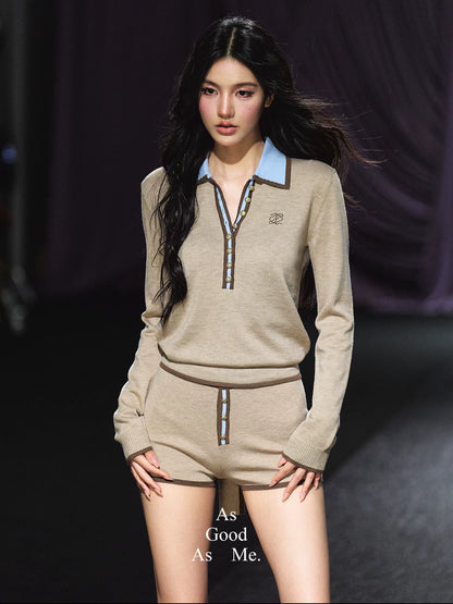Contrast Gold Button Ribbon Polo Knit Top & Heart Pocket Shorts Set