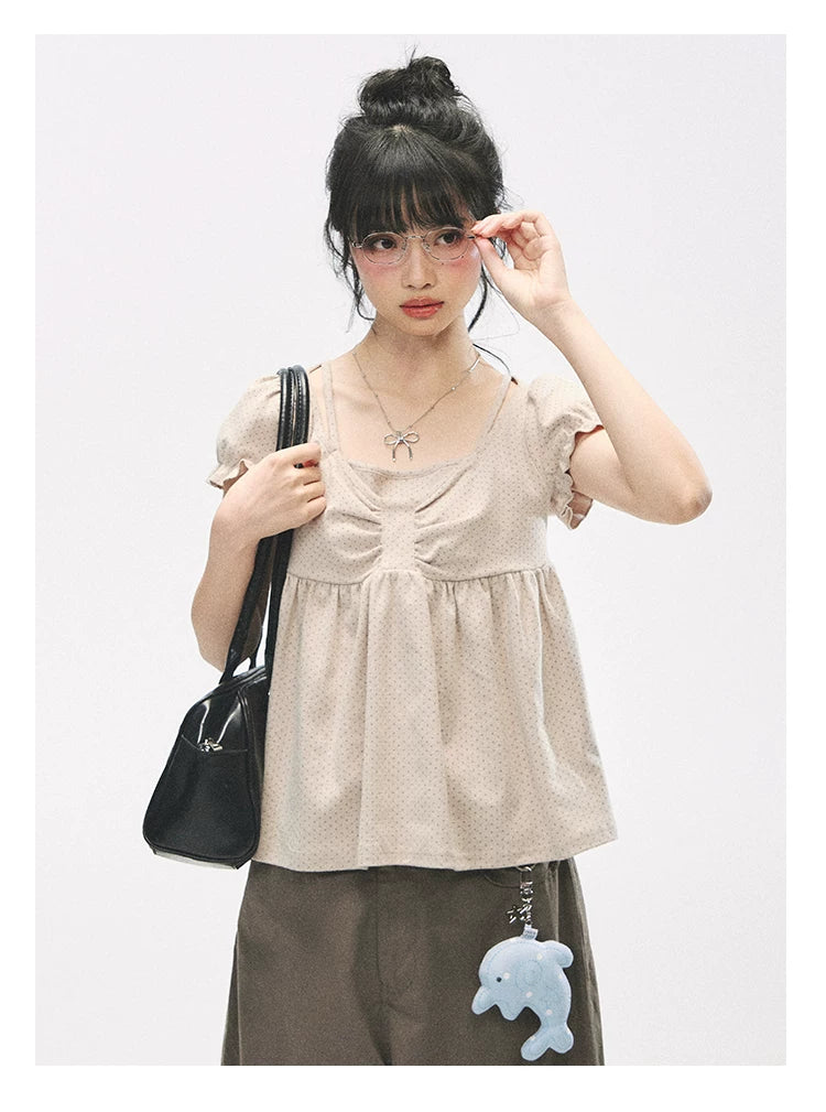"Sweetheart Crew" Polka Dot Faux Two-Piece Bow Knit Short Sleeve Top