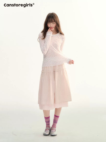 Lace Trim A-Line Elastic Waist Midi Skirt WW2026098