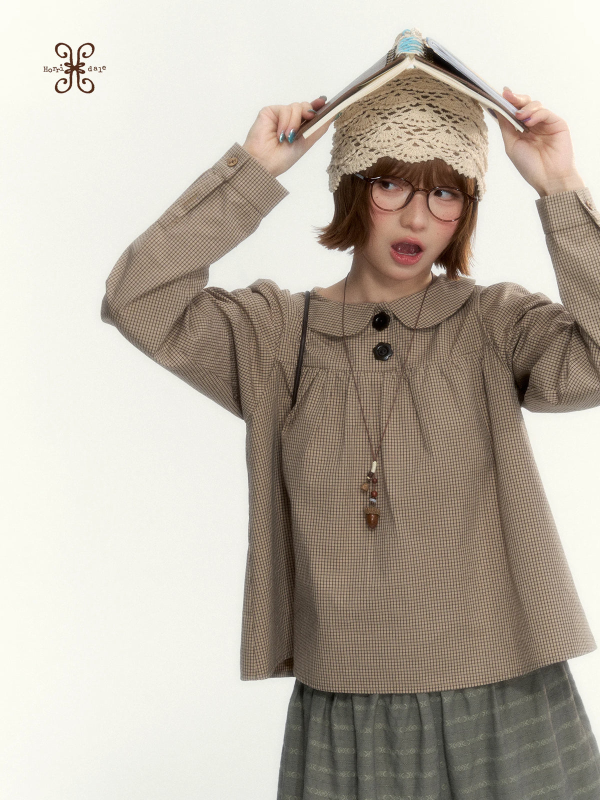 "The Vintage Darling" Light Coffee Plaid Cotton Peter Pan Collar Blouse