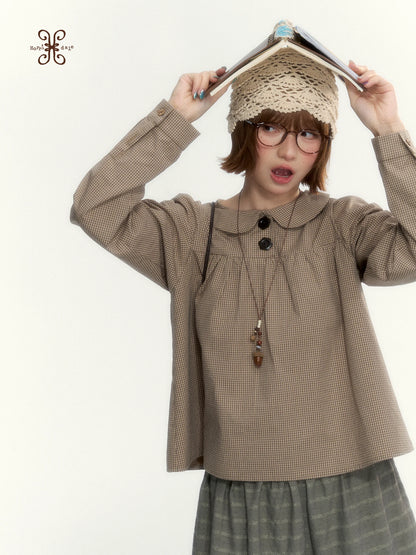 "The Vintage Darling" Light Coffee Plaid Cotton Peter Pan Collar Blouse
