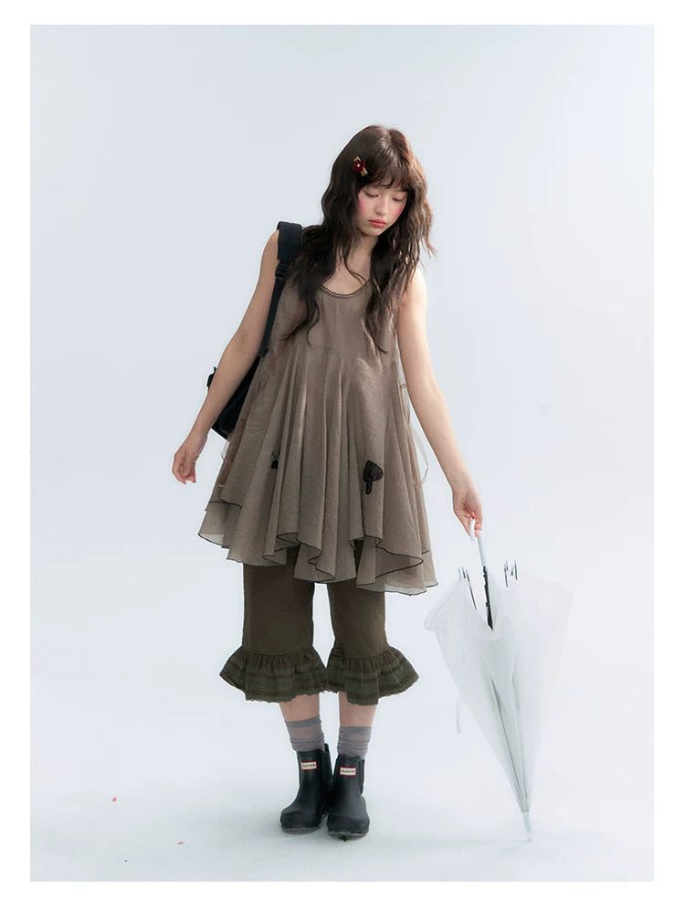 "Forest Cocoa" Dark Coffee Green Flare Capri Pants