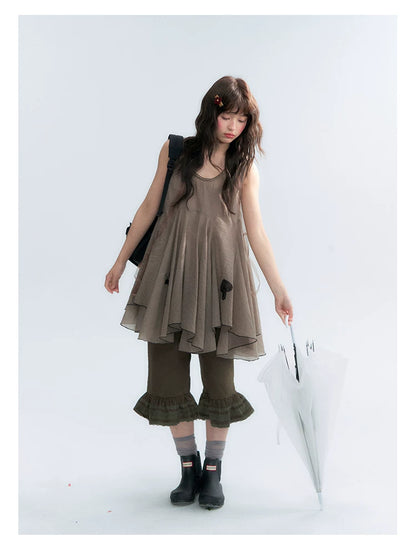 "Forest Cocoa" Dark Coffee Green Flare Capri Pants