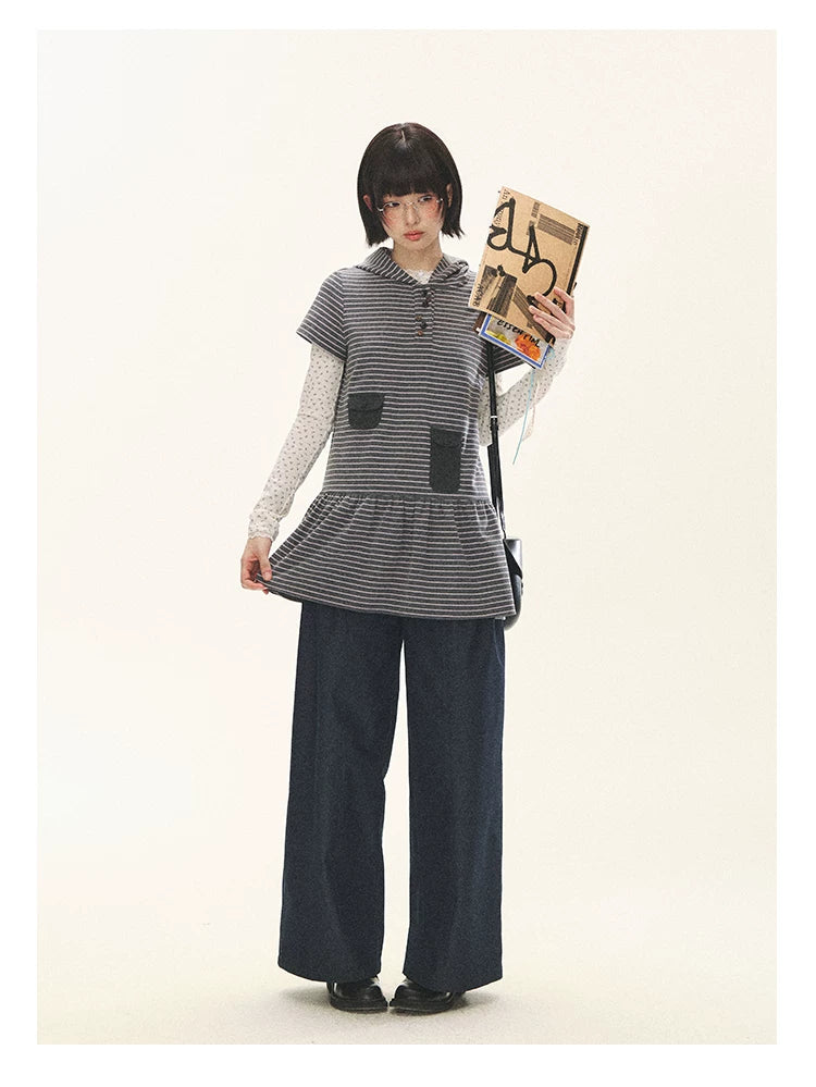 "Seoul Diary" Gray & Pink Stripe Hooded Knit Mini Dress