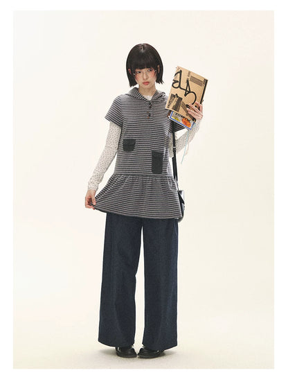 "Seoul Diary" Gray & Pink Stripe Hooded Knit Mini Dress