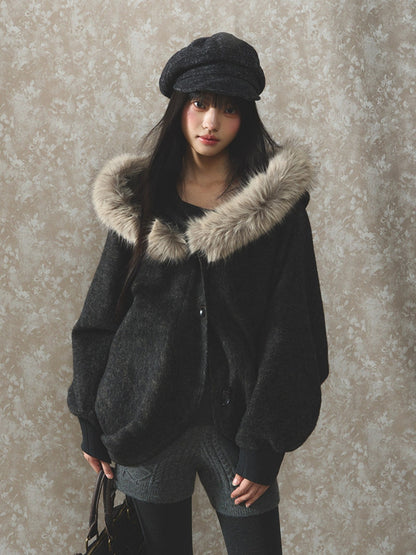 Soote Season - Dark Gray Wool Batwing Cape Coat with Faux-Fur Collar