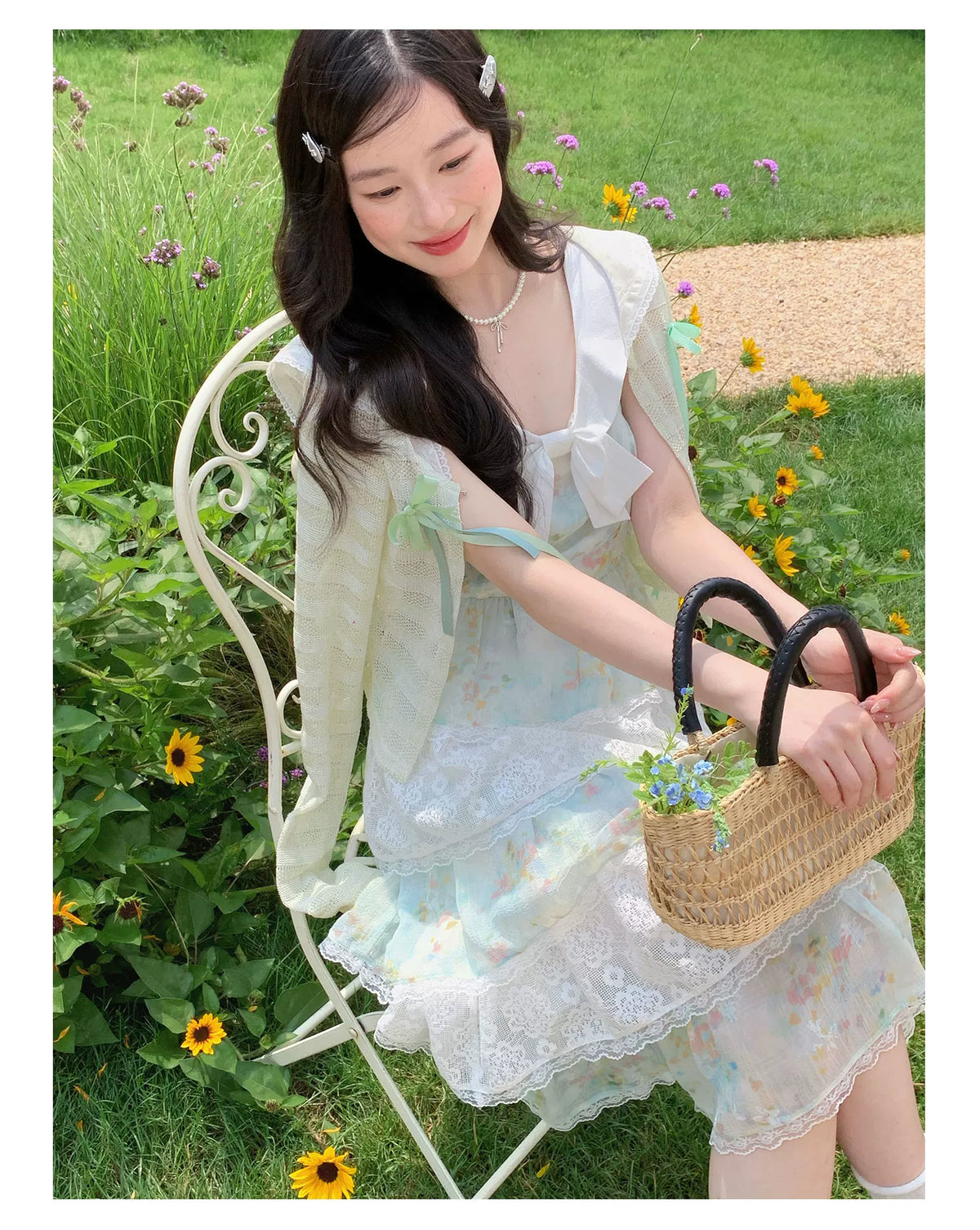 [RF] “Meadow Lilt” Light Green Floral Lace-Trim Tiered Maxi Dress
