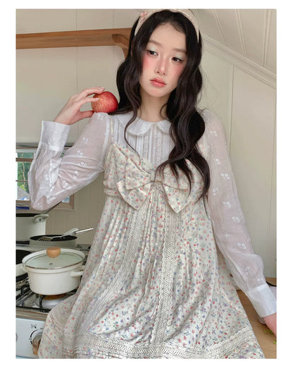 [[RF] “Garden Letter” Floral Print Cream Lace Bow Camisole Mini Dress