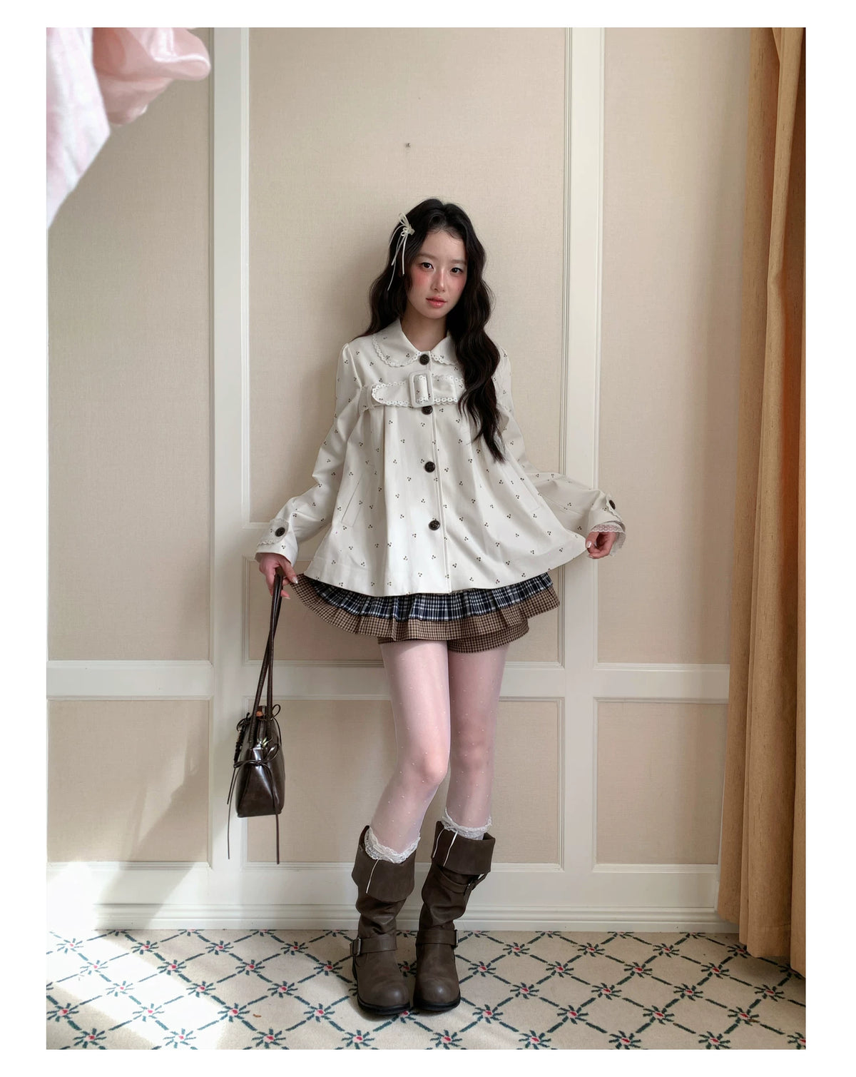 [RF] “Snowflake Milk Foam” Cream Floral Single-Breasted Waist-Defined Jacket