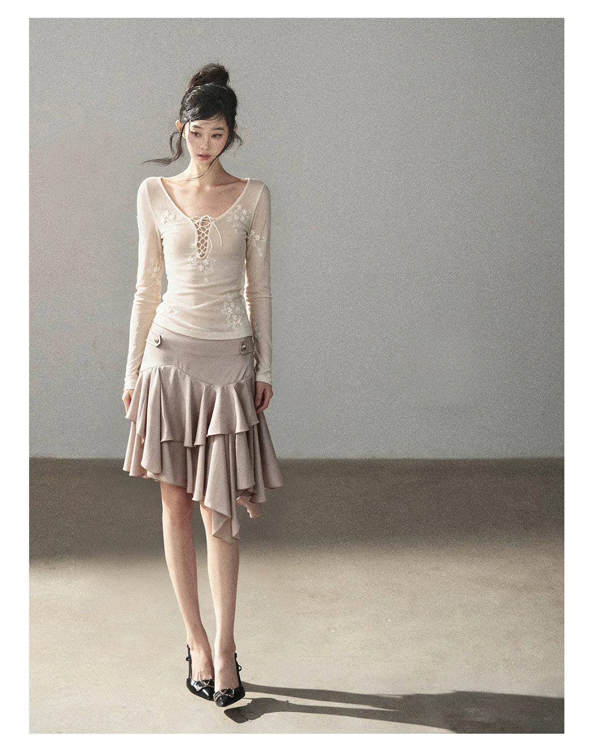 AOMALM - "Ginkgo & Evening Breeze" Misty Cloud Gray French Satin Skirt