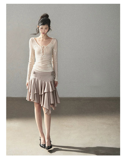 AOMALM - "Ginkgo & Evening Breeze" Misty Cloud Gray French Satin Skirt