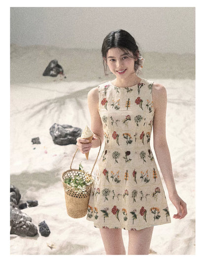 "Wildflower Daydream" Dutch Cream Embroidered Mini Dress - Sleeveless 45684